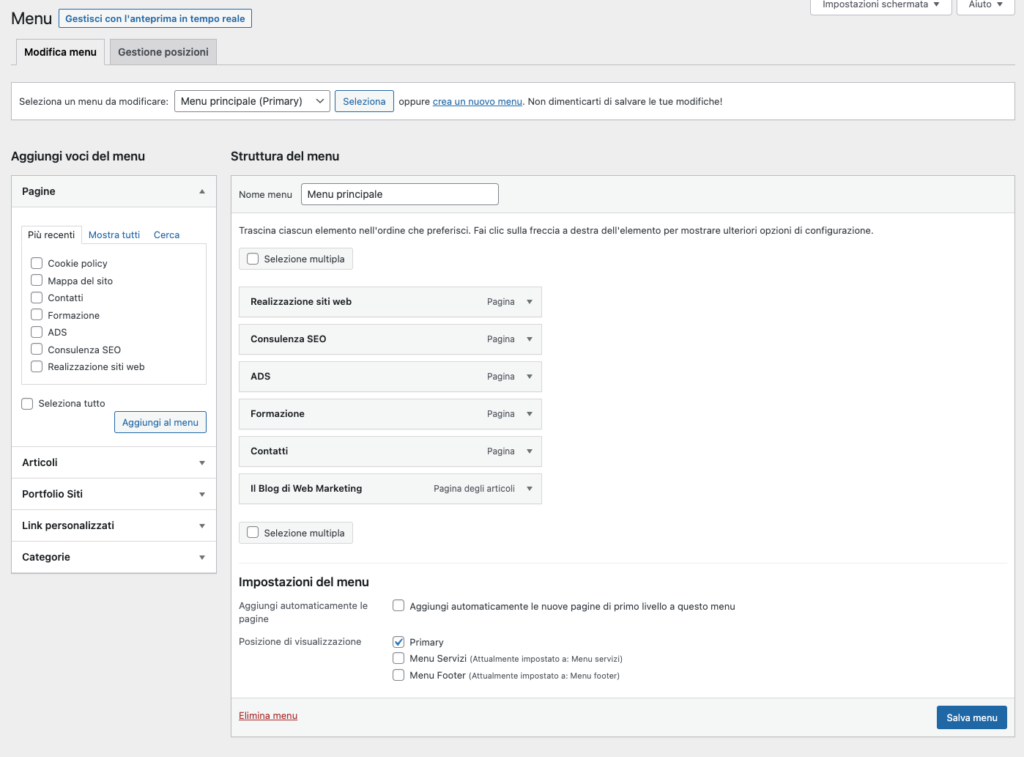 La schermata di gestione e creazione di un menu WordPress