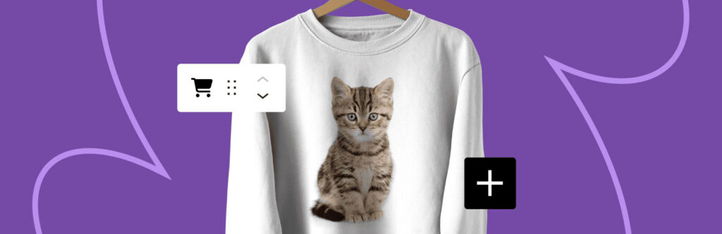 L'immagine di una t-shirt su cui è disegnato un gattino e, accanto, il simbolo per l'aggiunta al carrello, chiaro riferimento a WooCommerce