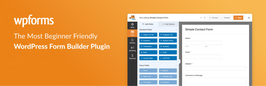 Banner di presentazione di WP Forms con la scritta "The most beginner friendly WordPress form builder plugin"