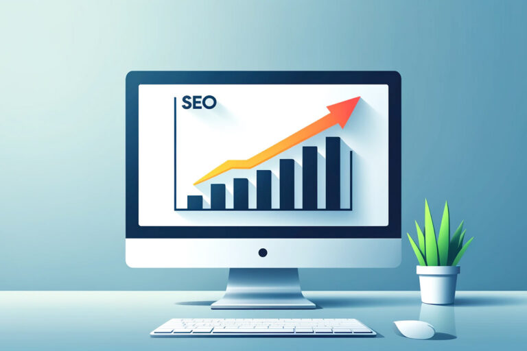 L'illustrazione con lo schermo di un PC, un grafico con trend in ascesa e la scritta SEO, chiaro riferimento agli errori che non si devono commettere per migliorare il posizionamento di un sito