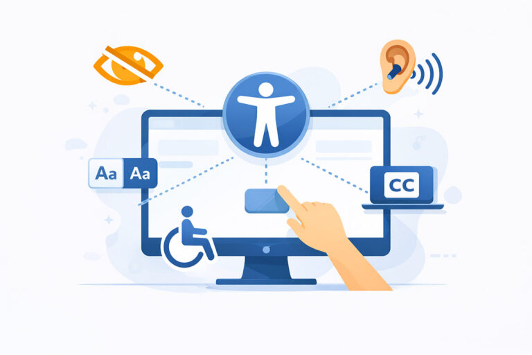 Una illustrazione sul tema dell'accessibilità dei siti web, in cui ricorrono le principali caratteristiche dei siti accessibili