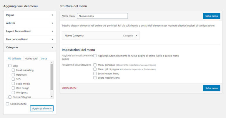 La schermata per l'inserimento di una pagina archivio di categoria nel menu di WordPress