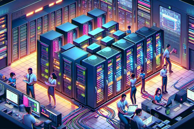Illustrazione di un gruppo di individui nel datacenter di un hosting