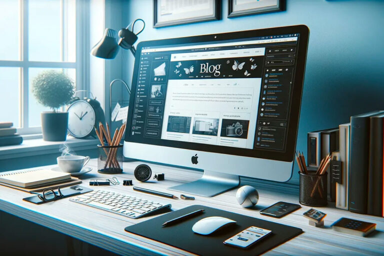 Un computer acceso su una scrivania mostra un. blog WordPress organizzato in categorie e tag