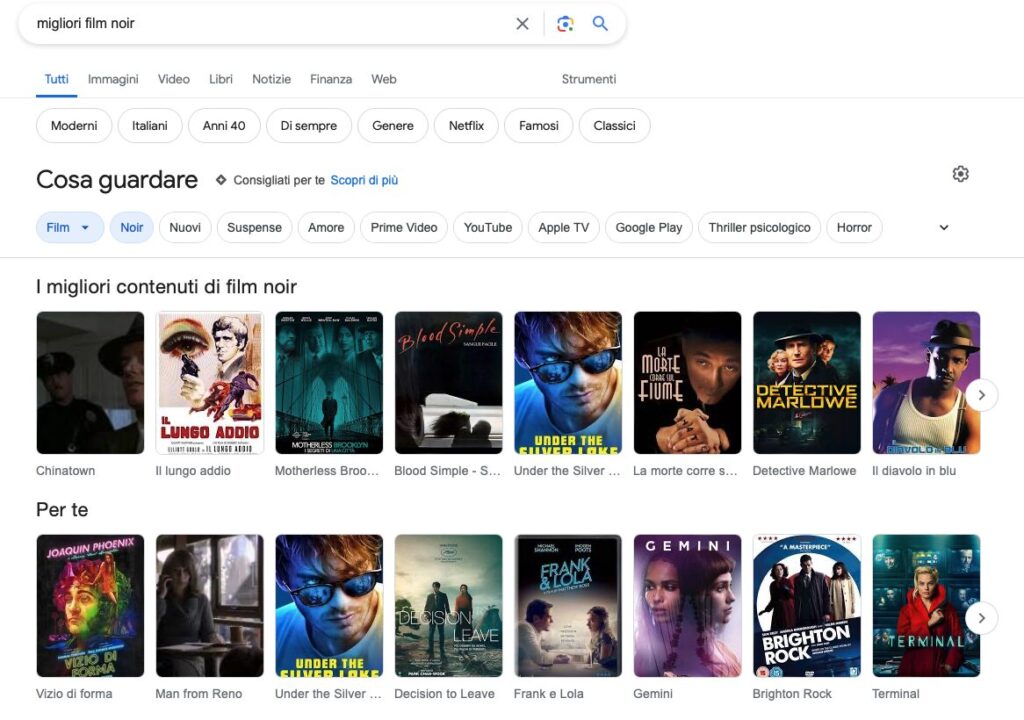 Un esempio di carousel di Google per la ricerca dei migliori film noir