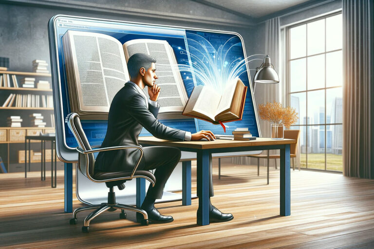 Un utente seduto alla scrivania con sullo sfondo lo schermo di un PC su cui c'è raffigurato un libro, simbolo dell'autorevolezza dell'EEAT