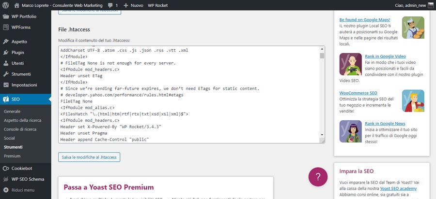 La schermata di Yoast SEO che permette di modificare il file htaccess per WordPress