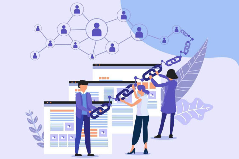 Una illustrazione sul tema internal linking con tre figure umane che reggono una catena, simbolo dei link