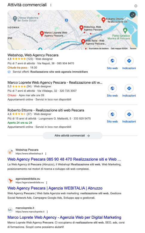Uno screenshot di Google per la query "realizzazione siti web pescara" mostra in alto il local pack, con le prime tre attività prese dalla mappa di Google, e sotto i risultati organici "normali"