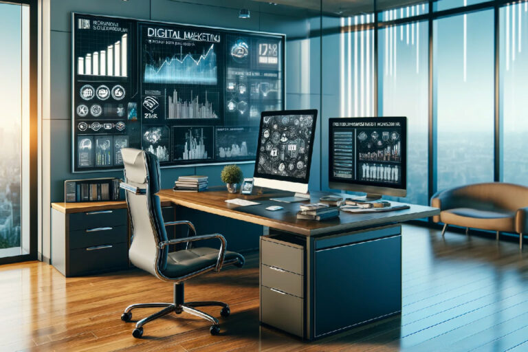 L'ufficio di un professionista con un pc aperto su una schermata che dice "web marketing"