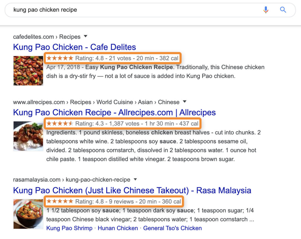 Un esempio di rich snippet di Google per i risultati di ricerca di una ricetta