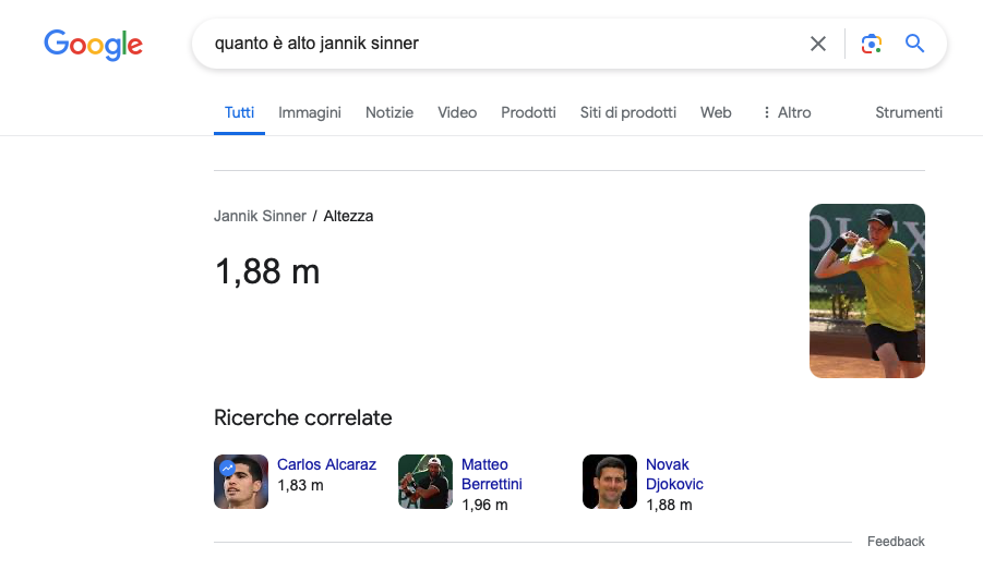 Un esempio di risposta diretta di Google alla domanda: quanto è alto Jannik Sinner?
