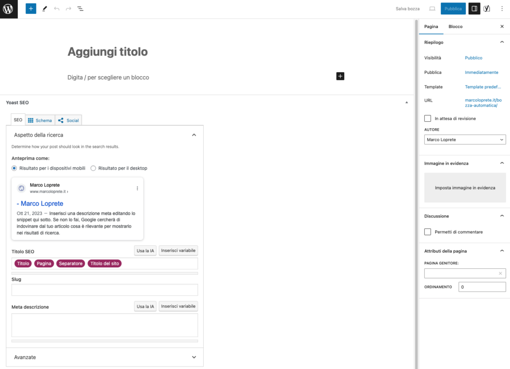 La schermata di creazione di una pagina WordPress