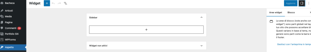 La schermata di inserimento dei widget nelle sidebar