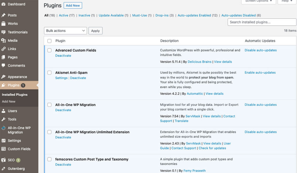 La schermata dei plugin di WordPress
