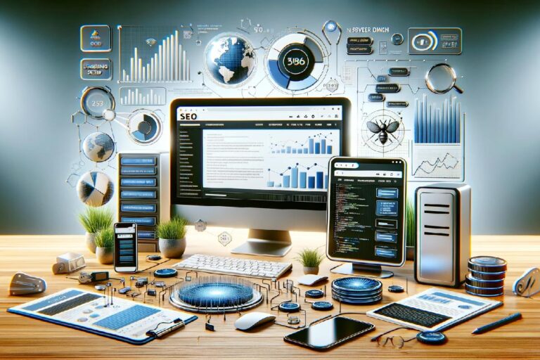 Una illustrazione sul tema "SEO tecnica" con un computer poggiato sulla scrivania, una tastiera, il mouse e varie schermate aperte