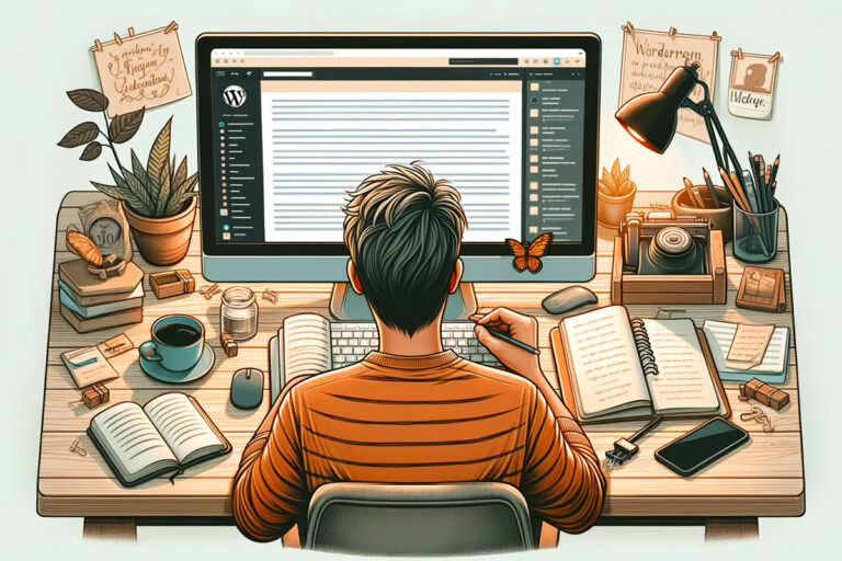 Illustrazione di un blogger WordPress mentre scrive articoli, news e guide