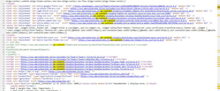 La schermata del codice sorgente di un sito WordPress