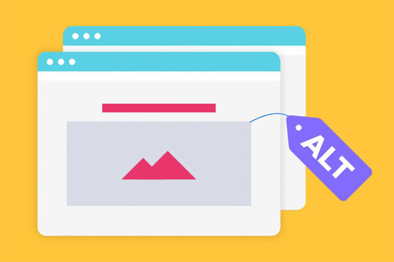 Illustrazione in stile flat che mostra le finestre di un browser con una immagine e, attaccata, una etichetta con il testo alternativo o alt text