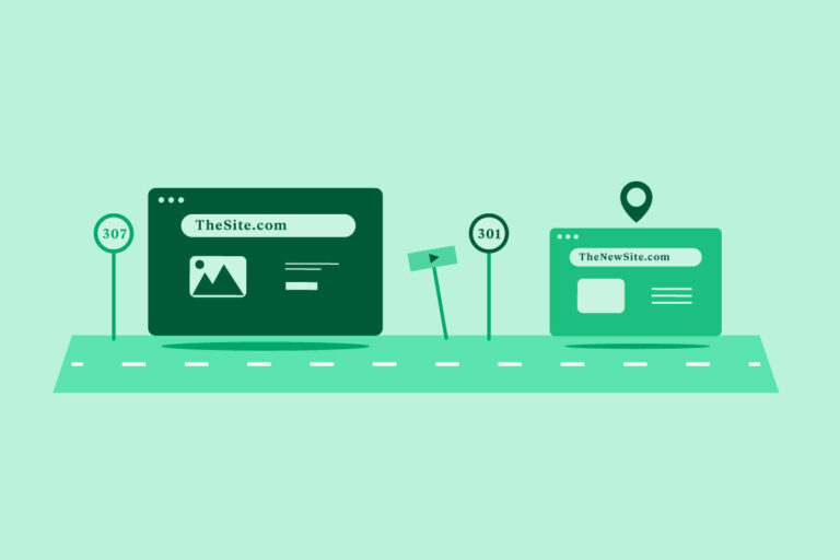 Illustrazione concettuale con due URL, TheSite.com e TheNewSite.com, rappresentati come pagine web lungo una strada digitale con segnali HTTP