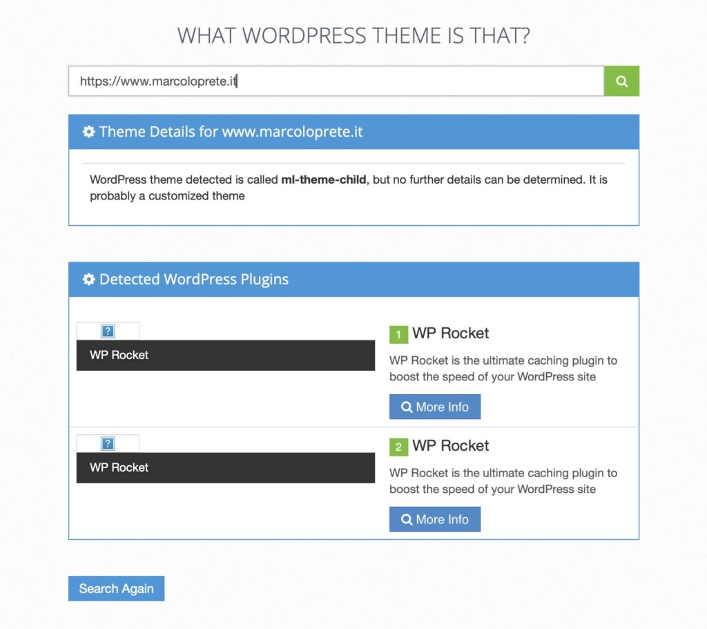 La schermata di analisi del sito marcoloprete.it effettuata da What WordPress Theme Is That: sul sito risulta attivo un child theme
