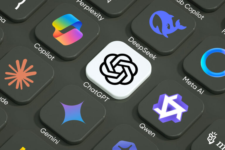 Loghi di diversi modelli di intelligenza artificiale generativa, tra cui ChatGPT, Gemini, Copilot, DeepSeek, Qwen e Meta AI, disposti come tasti su una tastiera scura