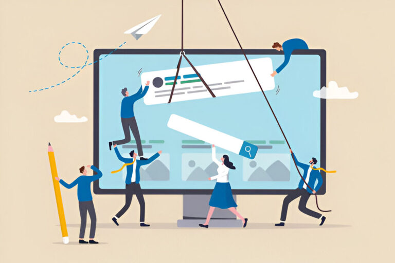 Illustrazione con persone che costruiscono la homepage di un sito su un grande monitor, immagine concettuale sulla progettazione di una home page chiara e ben strutturata
