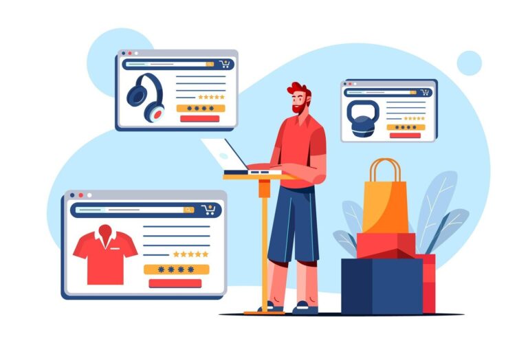 Illustrazione di un utente che confronta più prodotti in un ecommerce, immagine concettuale sulla UX ecommerce e sul carico cognitivo durante la scelta