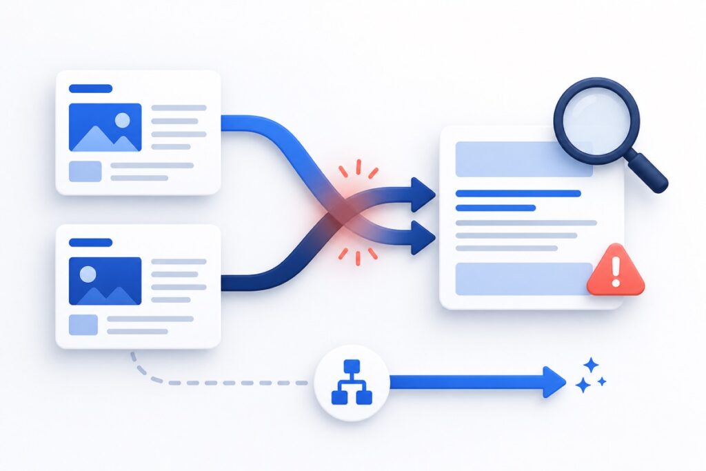 Schema della cannibalizzazione SEO tra pagine che competono per lo stesso intento di ricerca