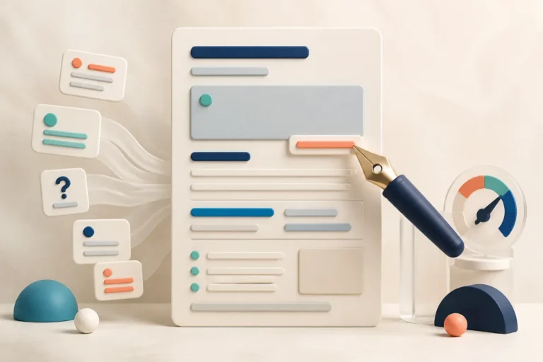 Illustrazione del processo di SEO copywriting, dalla ricerca alla struttura e revisione del contenuto