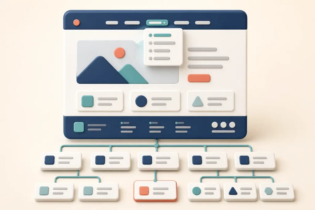 Struttura di un menu WordPress con header, sottomenu, footer e gerarchia delle pagine